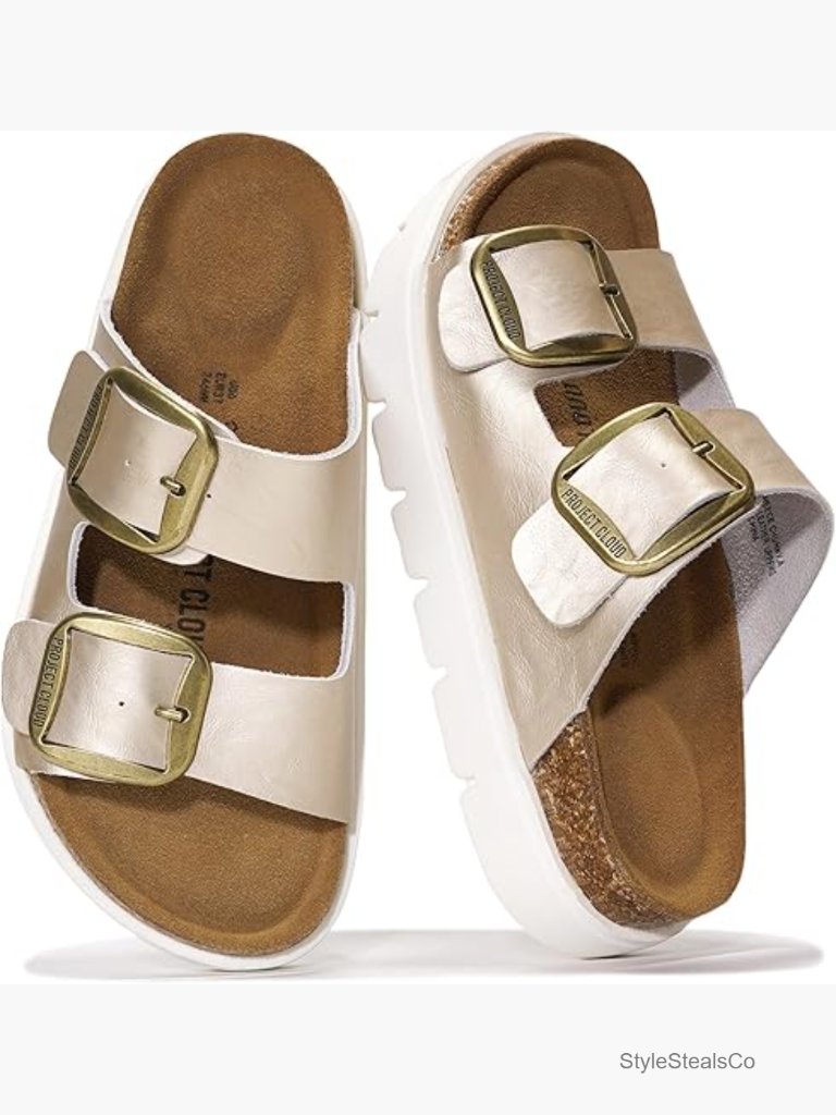 Genuine Leather Chunky Platform Sandals Memory Foam Wedge Cork Slides